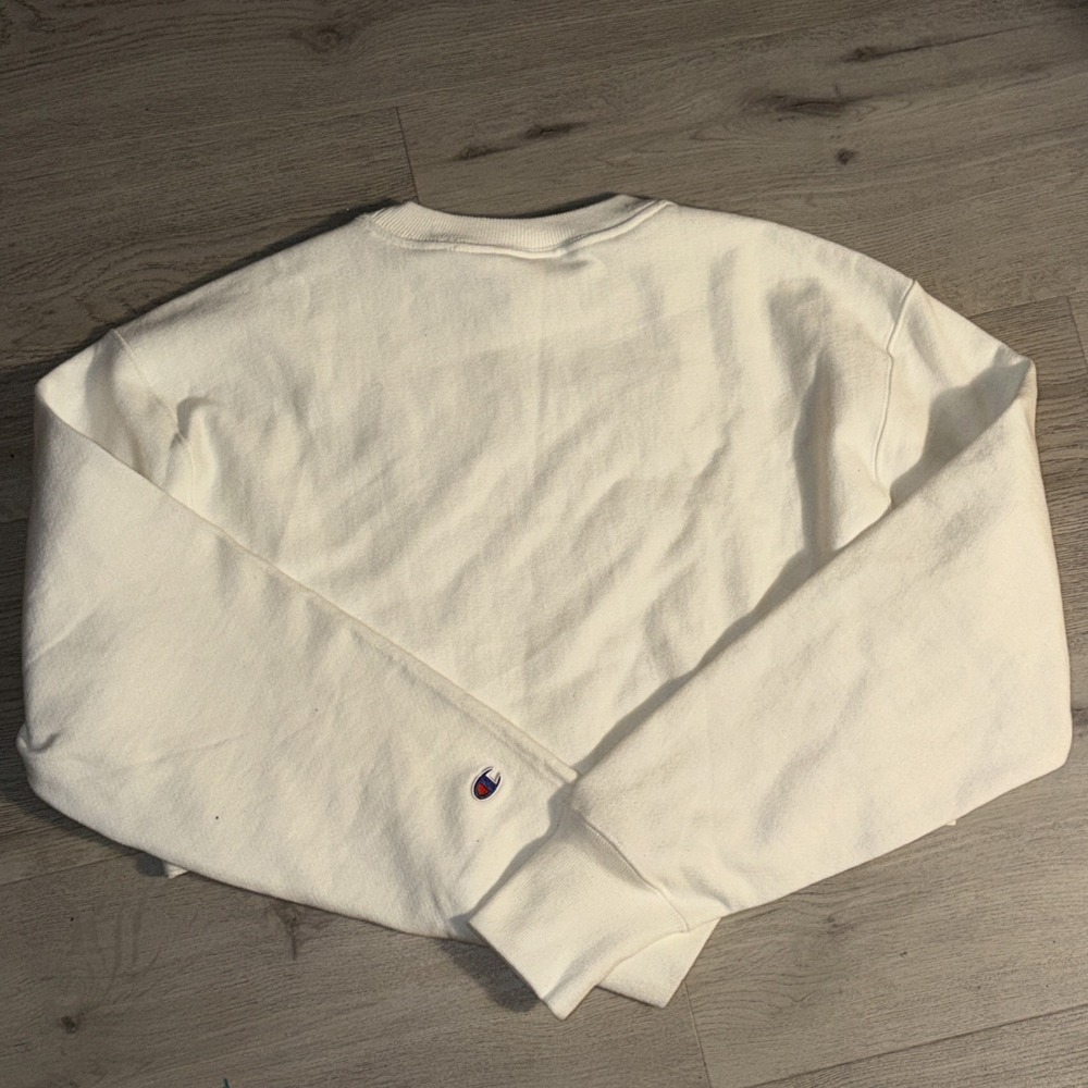 Champion Reverse Weave Cropped Crewneck Sweatshirt Womens XS Cream Spellout Logo - Picture 11 of 11